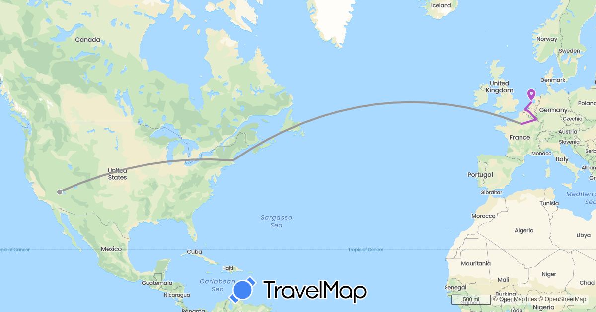 TravelMap itinerary: driving, plane, train in Belgium, France, Luxembourg, Netherlands, United States (Europe, North America)